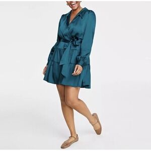 NEW ON-34TH Womens Medium‎ Dress Satin Wrap Tiered Mini Teal Long Sleeve Wedding